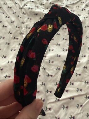 J.Crew Black Floral Knotted Headband with Gold Accents